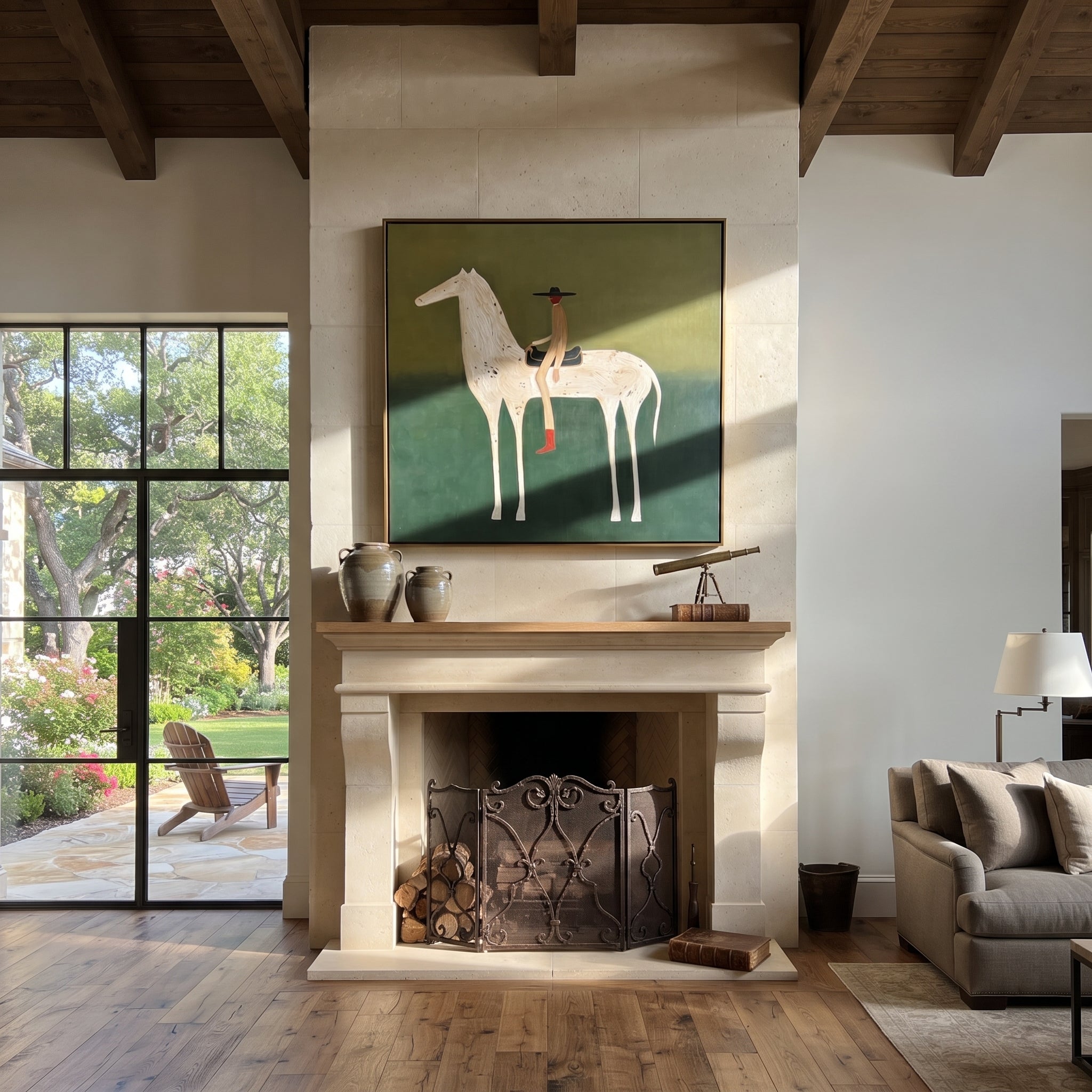 Red Boots Ride Mist - white horse rider painting by Isabelle Laurent, modern Western square wall art – styled room scene view 2