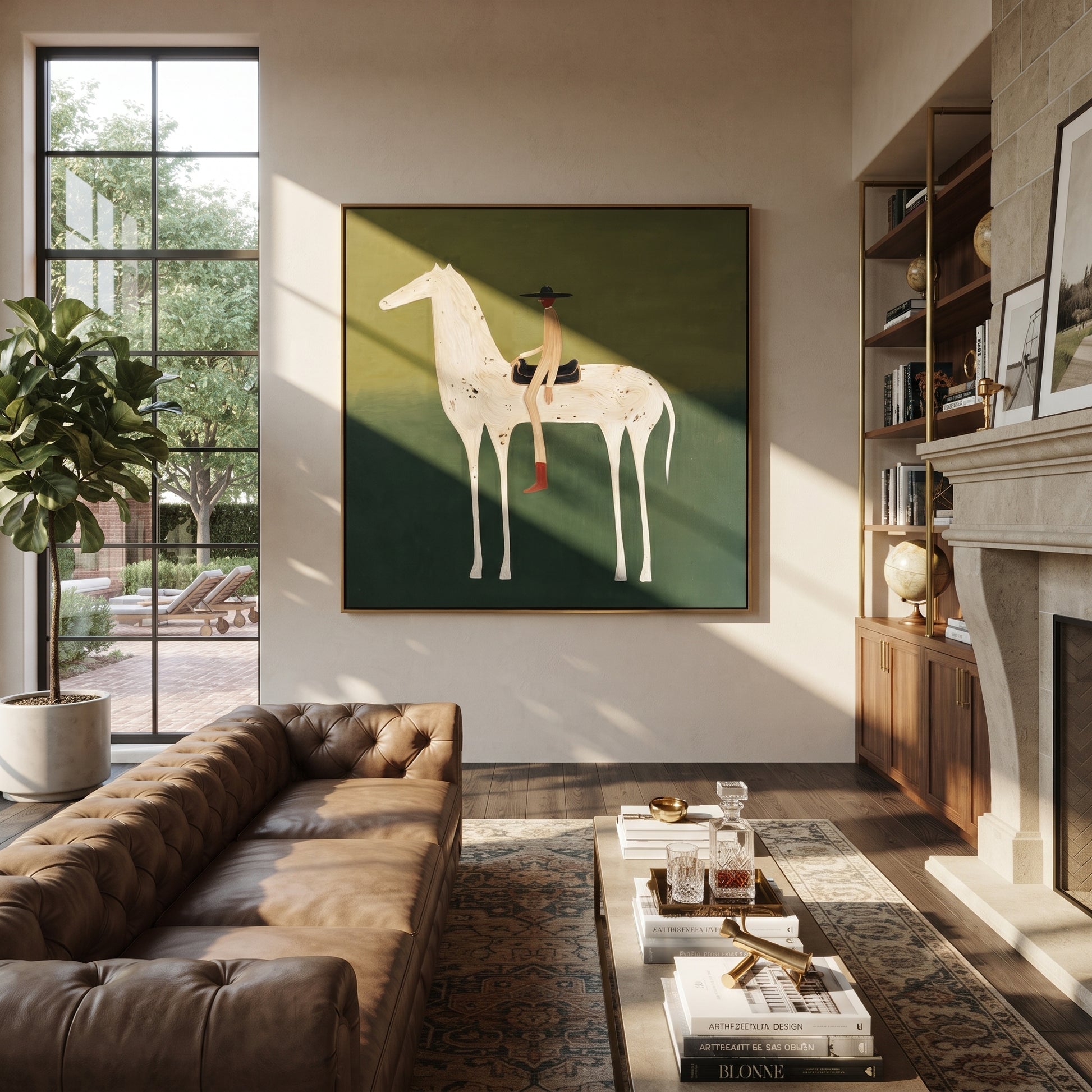Red Boots Ride Mist - white horse rider painting by Isabelle Laurent, modern Western square wall art – styled room scene view 3