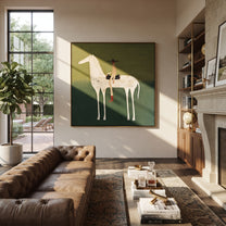 Red Boots Ride Mist - white horse rider painting by Isabelle Laurent, modern Western square wall art – styled room scene view 3