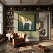 Red Boots Ride Mist - white horse rider painting by Isabelle Laurent, modern Western square wall art – styled room scene view 4