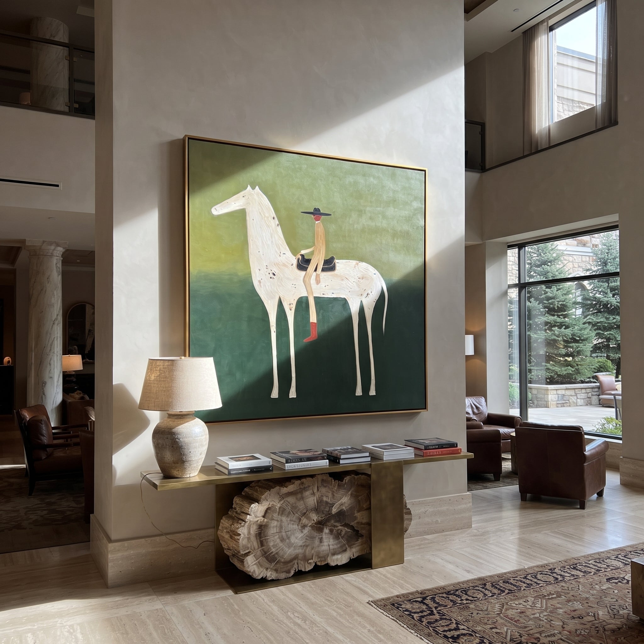 Red Boots Ride Mist - white horse rider painting by Isabelle Laurent, modern Western square wall art – styled room scene view 5