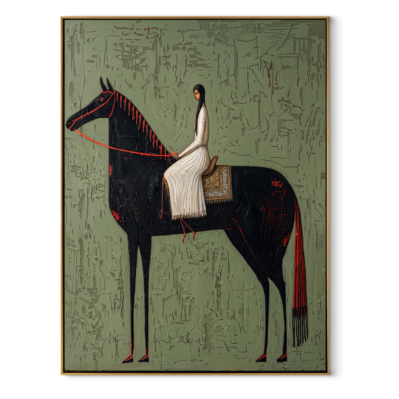 White Dress Crosses Sage - woman black horse painting by Isabelle Laurent, modern Western vertical wall art – wood frame on white background