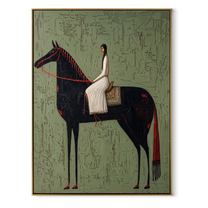 White Dress Crosses Sage - woman black horse painting by Isabelle Laurent, modern Western vertical wall art – wood frame on white background