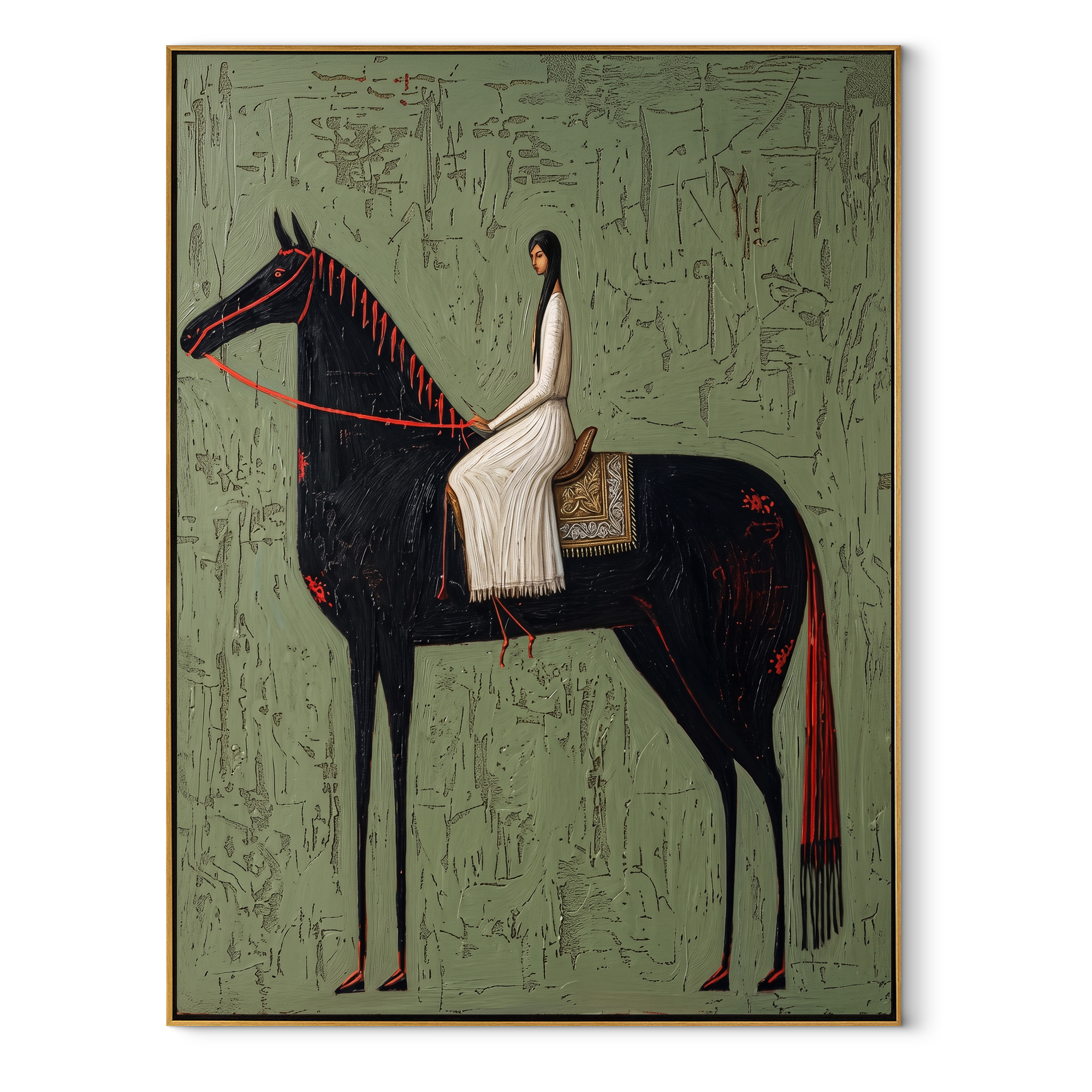 White Dress Crosses Sage - woman black horse painting by Isabelle Laurent, modern Western vertical wall art – wood frame on white background