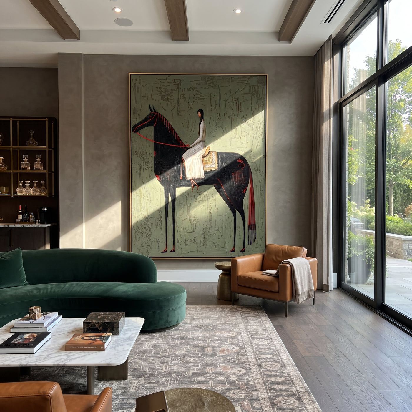 White Dress Crosses Sage - woman black horse painting by Isabelle Laurent, modern Western vertical wall art – styled room scene view 3
