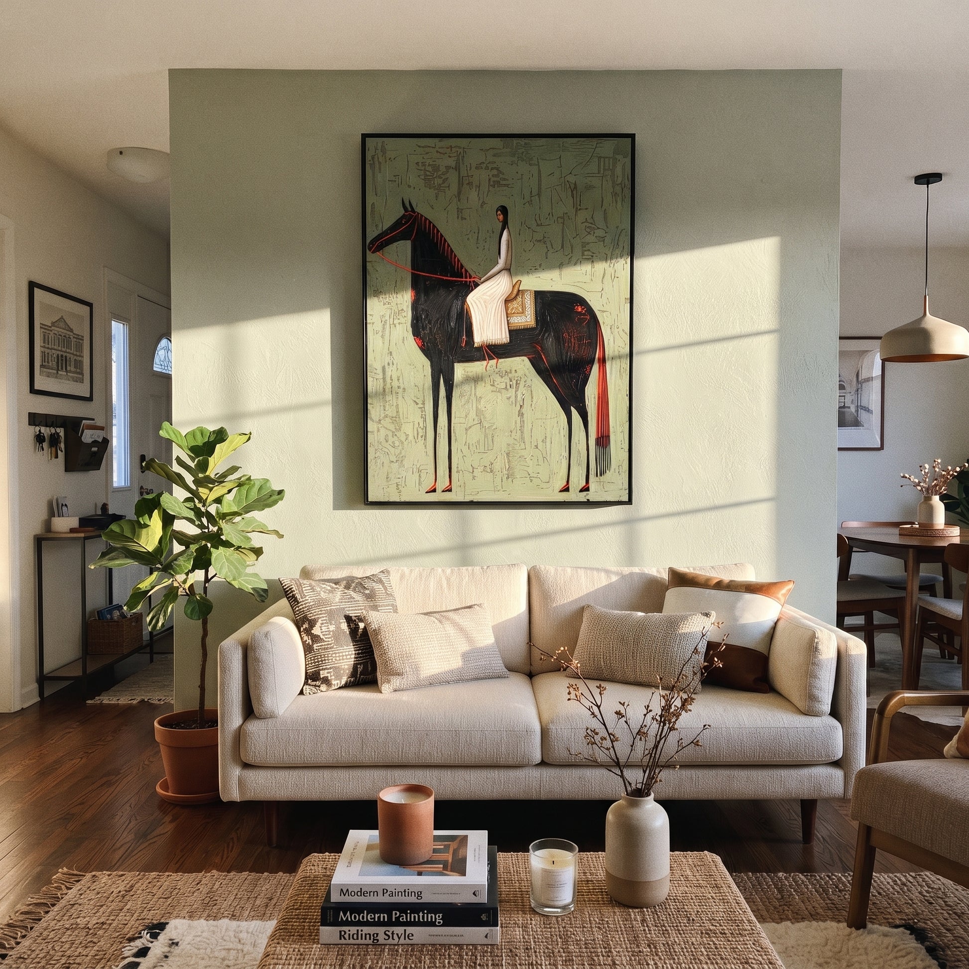 White Dress Crosses Sage - woman black horse painting by Isabelle Laurent, modern Western vertical wall art – styled room scene view 4