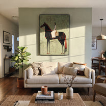 White Dress Crosses Sage - woman black horse painting by Isabelle Laurent, modern Western vertical wall art – styled room scene view 4