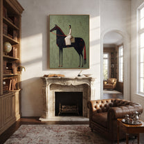 White Dress Crosses Sage - woman black horse painting by Isabelle Laurent, modern Western vertical wall art – styled room scene view 5