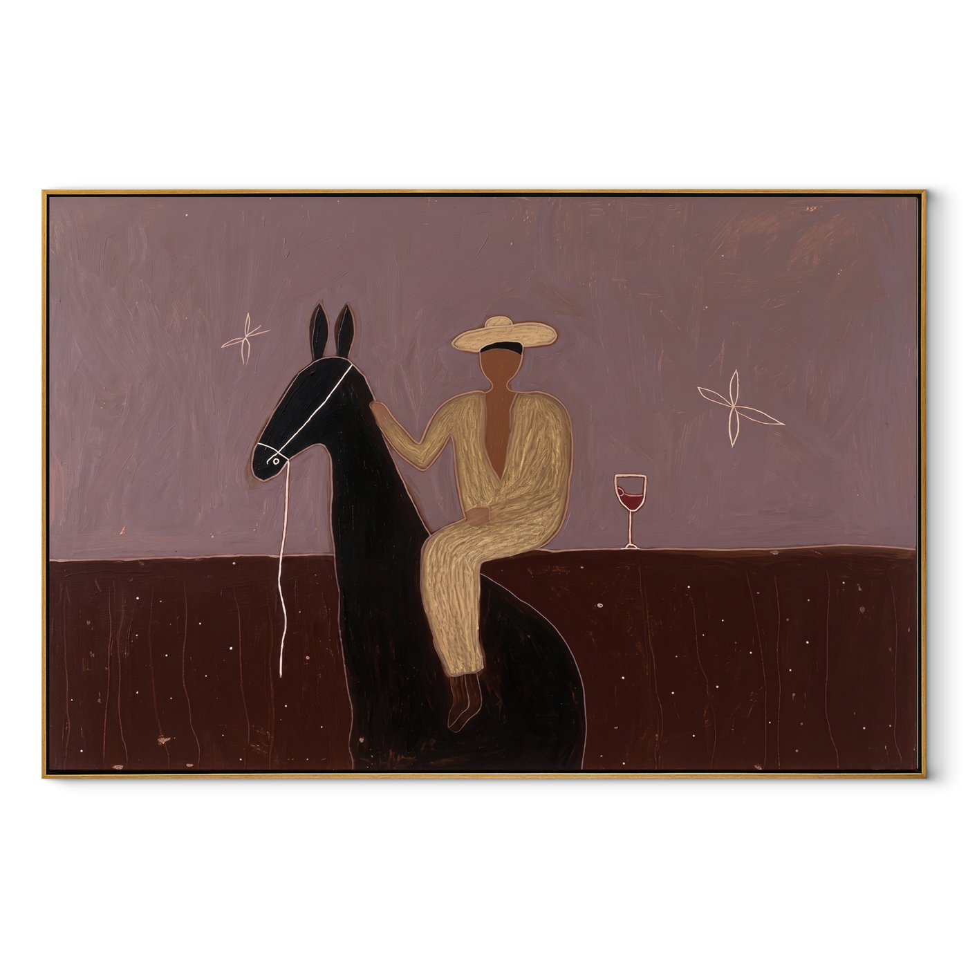 Lavender Evening Holds Toast - seated horse rider painting by Isabelle Laurent, modern Western horizontal wall art – wood frame on white background