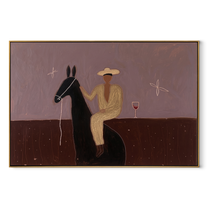 Lavender Evening Holds Toast - seated horse rider painting by Isabelle Laurent, modern Western horizontal wall art – wood frame on white background