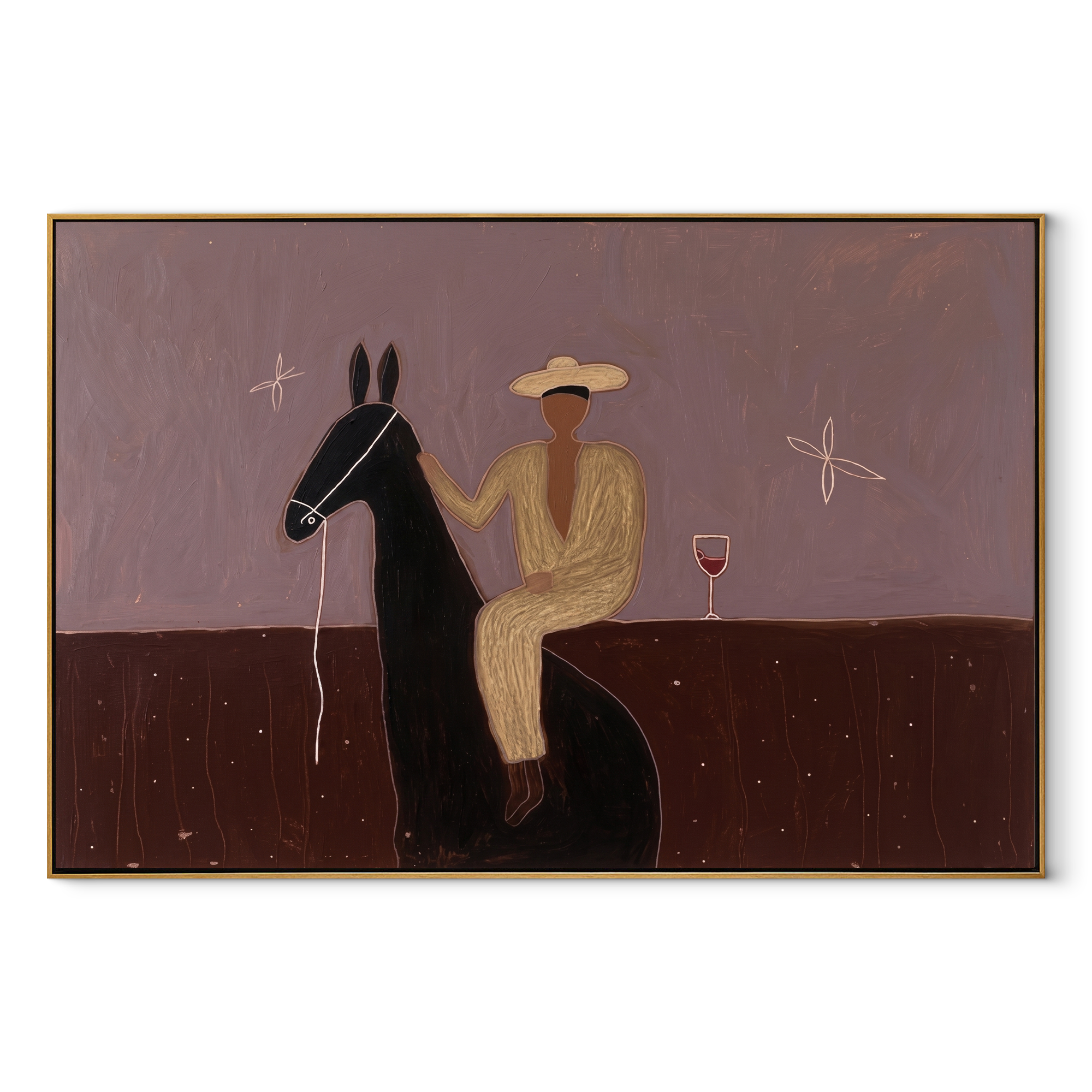 Lavender Evening Holds Toast - seated horse rider painting by Isabelle Laurent, modern Western horizontal wall art – wood frame on white background