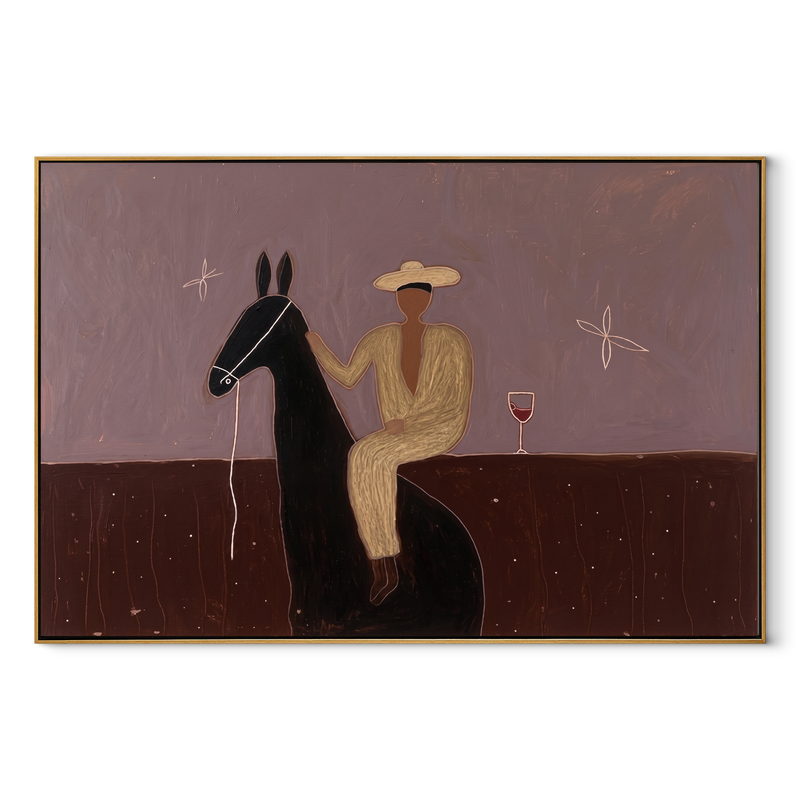 Lavender Evening Holds Toast - Seated Horse Rider Painting | Modern Western Horizontal Wall Art