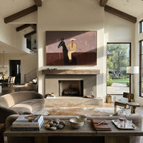 Lavender Evening Holds Toast - seated horse rider painting by Isabelle Laurent, modern Western horizontal wall art – styled room scene view 2