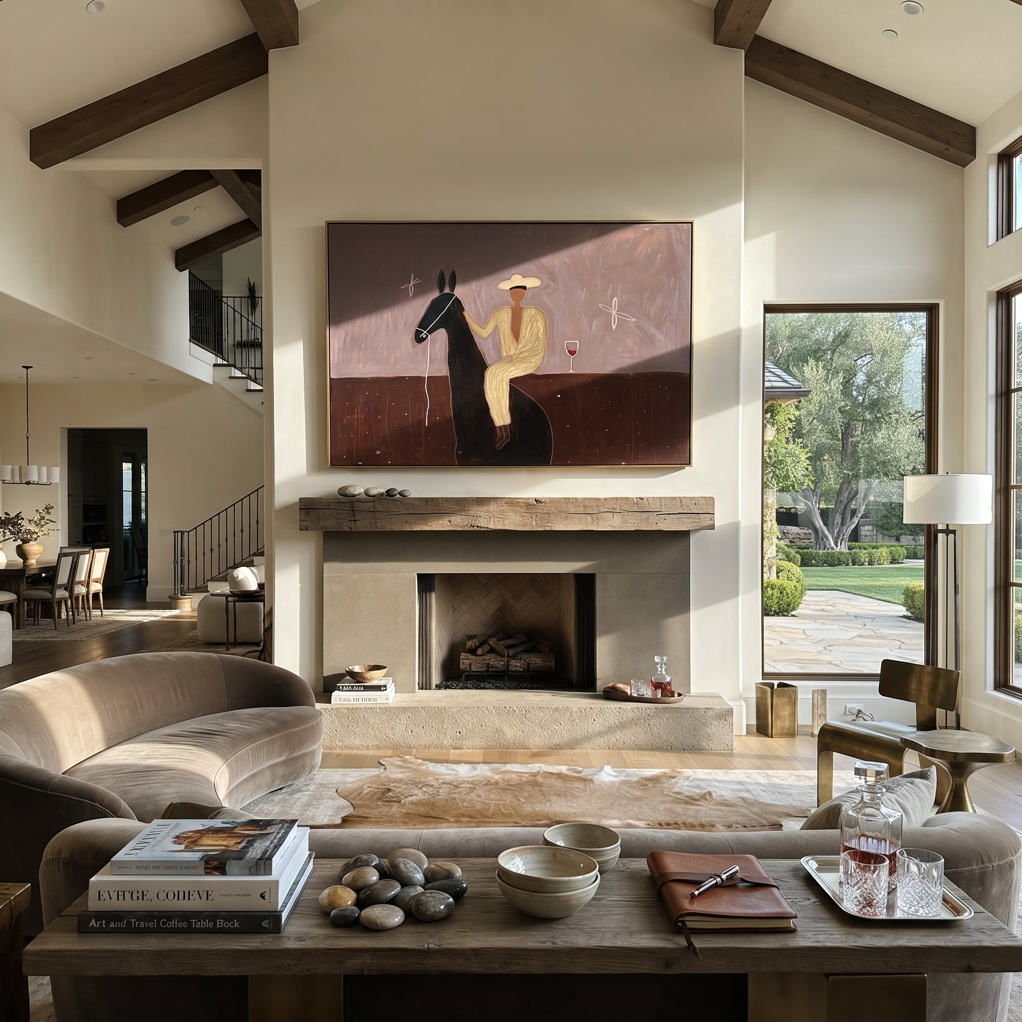 Lavender Evening Holds Toast - seated horse rider painting by Isabelle Laurent, modern Western horizontal wall art – styled room scene view 2