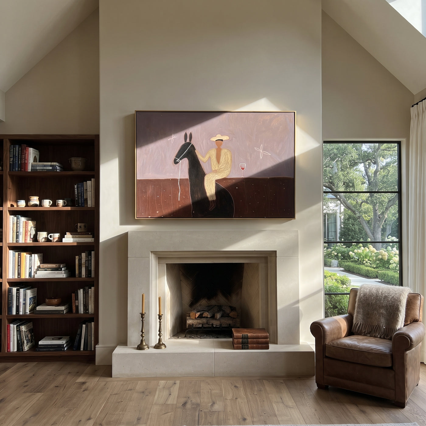 Lavender Evening Holds Toast - seated horse rider painting by Isabelle Laurent, modern Western horizontal wall art – styled room scene view 3
