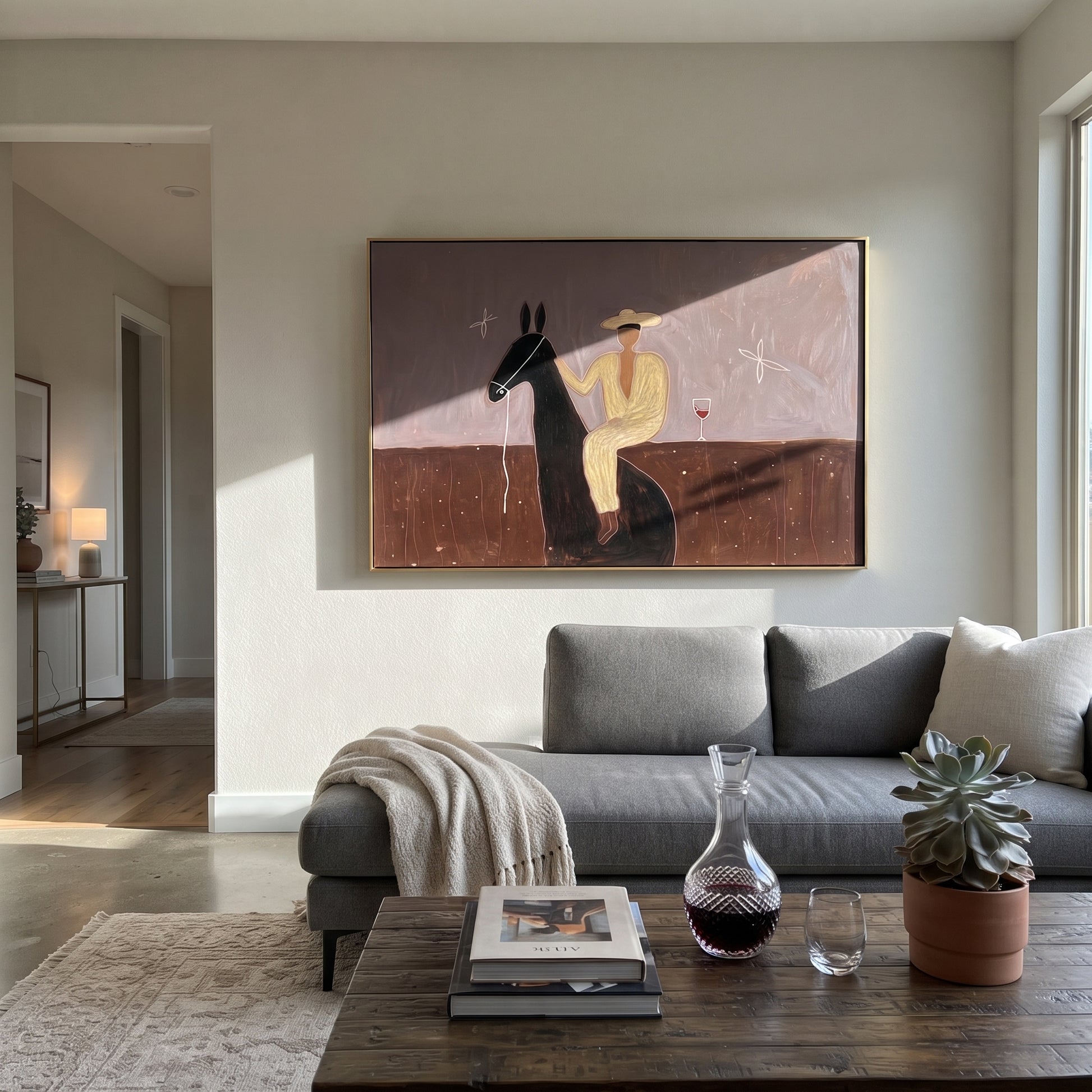 Lavender Evening Holds Toast - seated horse rider painting by Isabelle Laurent, modern Western horizontal wall art – styled room scene view 4