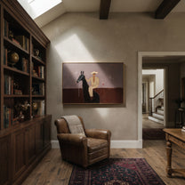 Lavender Evening Holds Toast - seated horse rider painting by Isabelle Laurent, modern Western horizontal wall art – styled room scene view 5