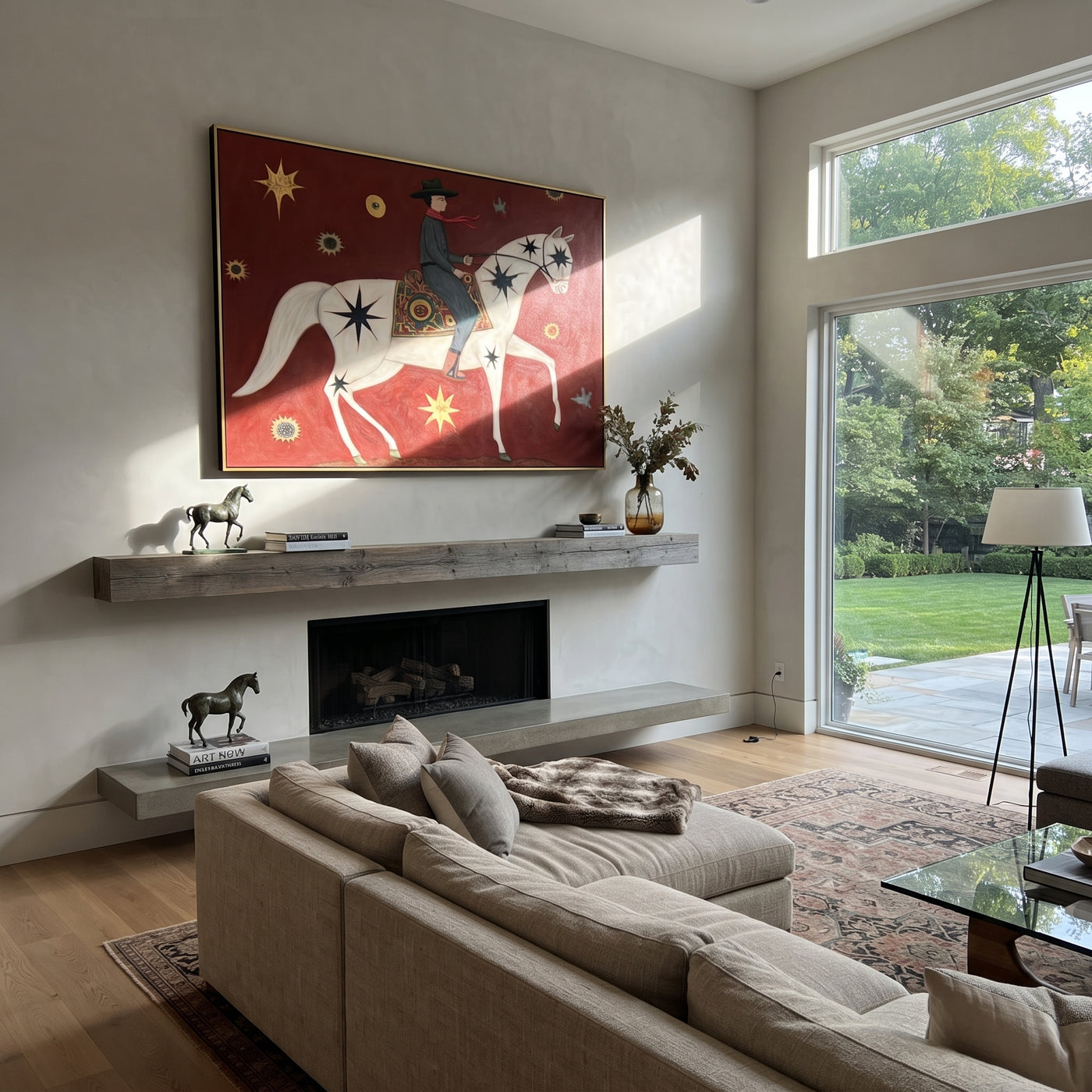 Star Horse Crosses Crimson - celestial white horse painting by Isabelle Laurent, modern Western horizontal wall art – styled room scene view 1