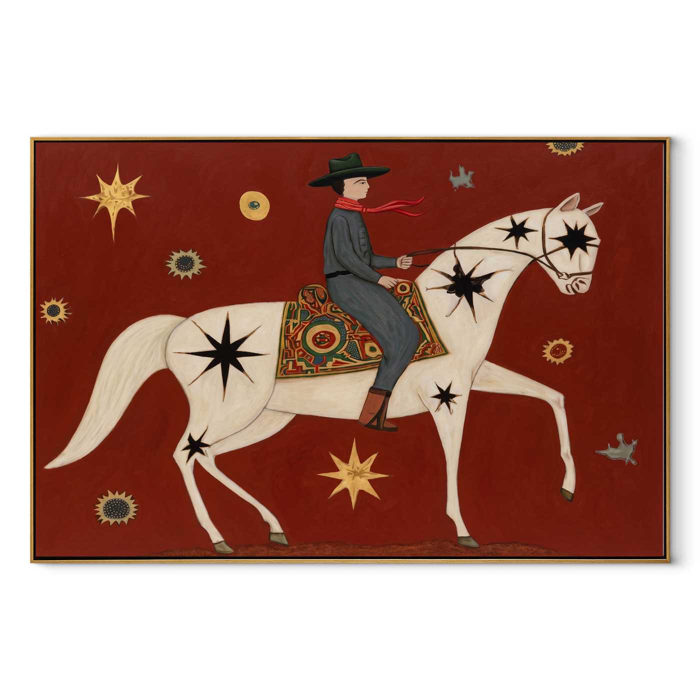 Star Horse Crosses Crimson - celestial white horse painting by Isabelle Laurent, modern Western horizontal wall art – wood frame on white background
