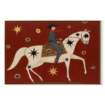 Star Horse Crosses Crimson - celestial white horse painting by Isabelle Laurent, modern Western horizontal wall art – wood frame on white background