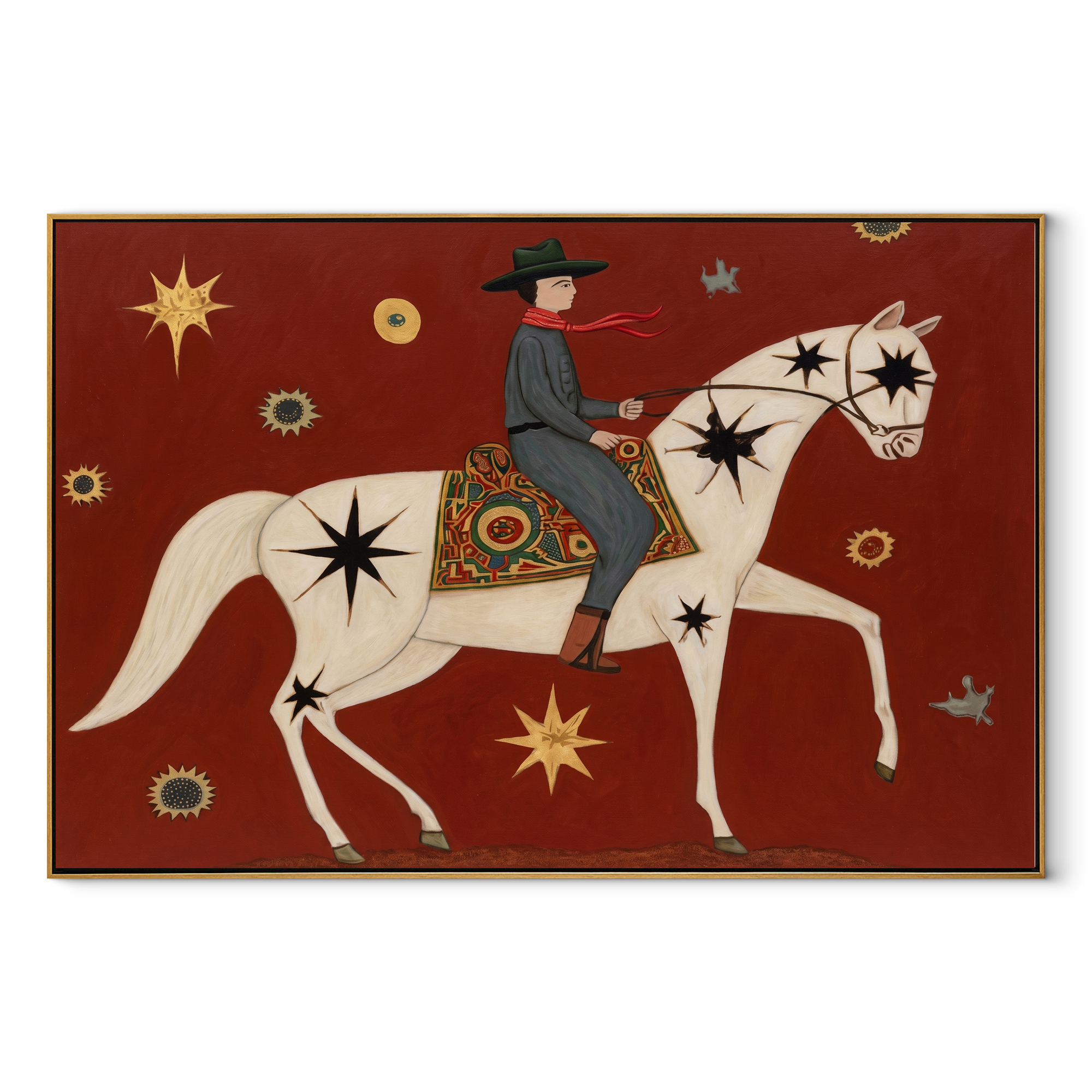 Star Horse Crosses Crimson - celestial white horse painting by Isabelle Laurent, modern Western horizontal wall art – wood frame on white background