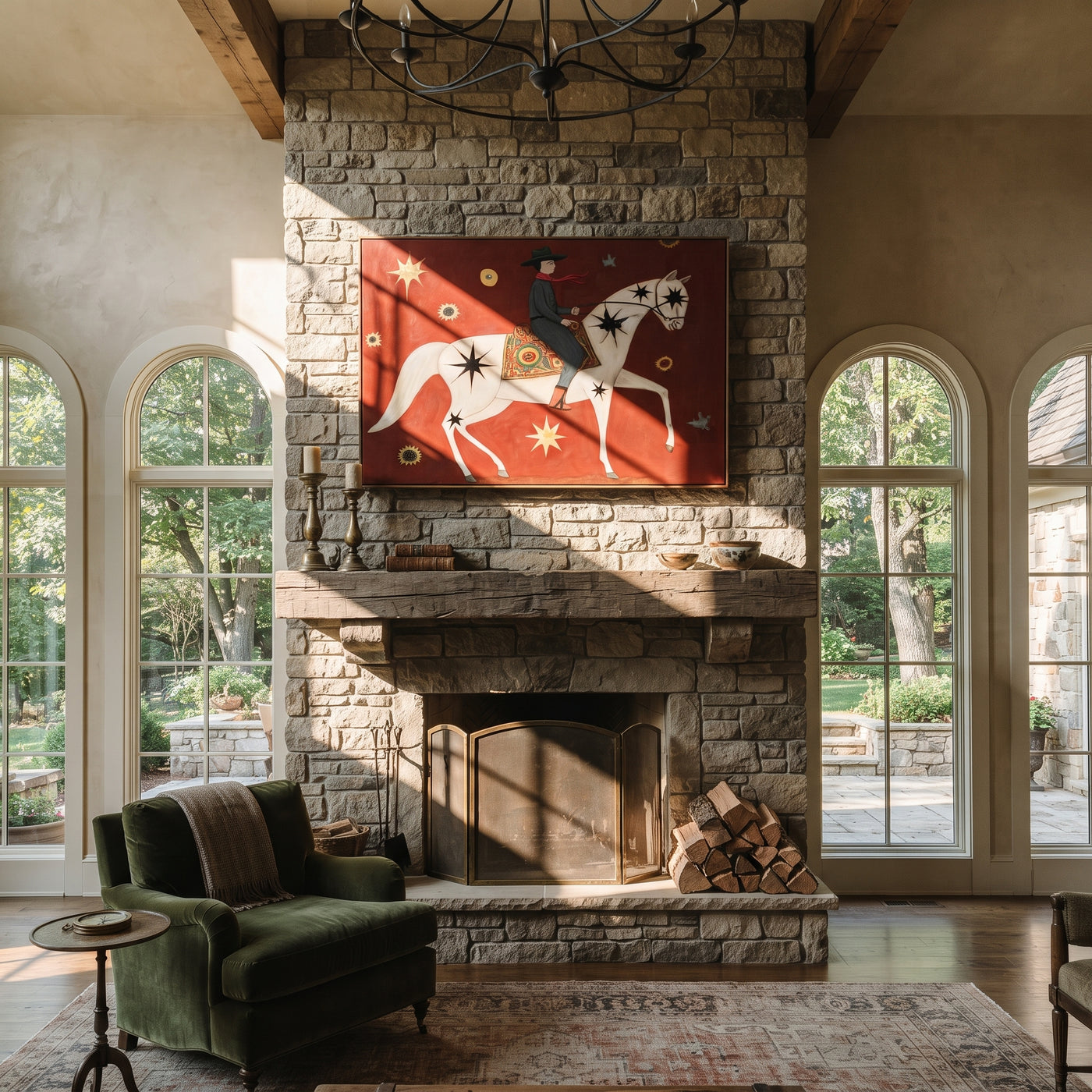 Star Horse Crosses Crimson - celestial white horse painting by Isabelle Laurent, modern Western horizontal wall art – styled room scene view 2