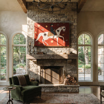 Star Horse Crosses Crimson - celestial white horse painting by Isabelle Laurent, modern Western horizontal wall art – styled room scene view 2
