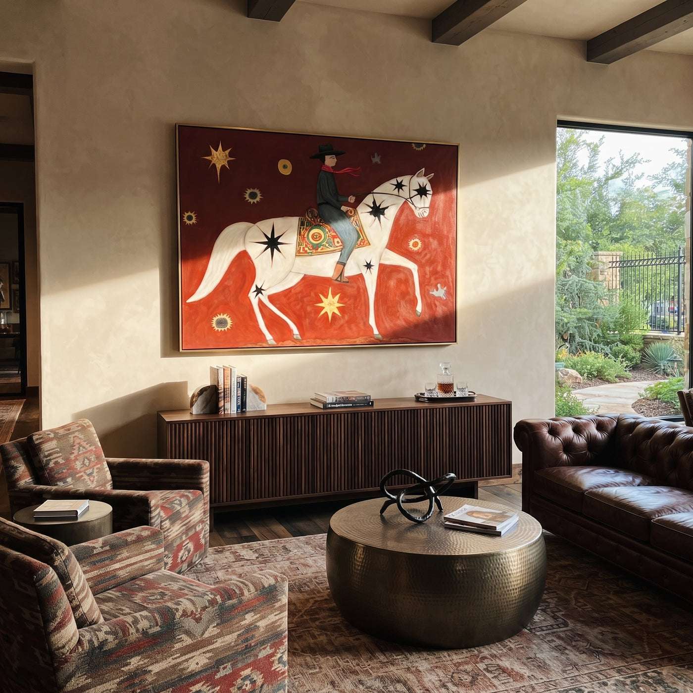 Star Horse Crosses Crimson - celestial white horse painting by Isabelle Laurent, modern Western horizontal wall art – styled room scene view 3