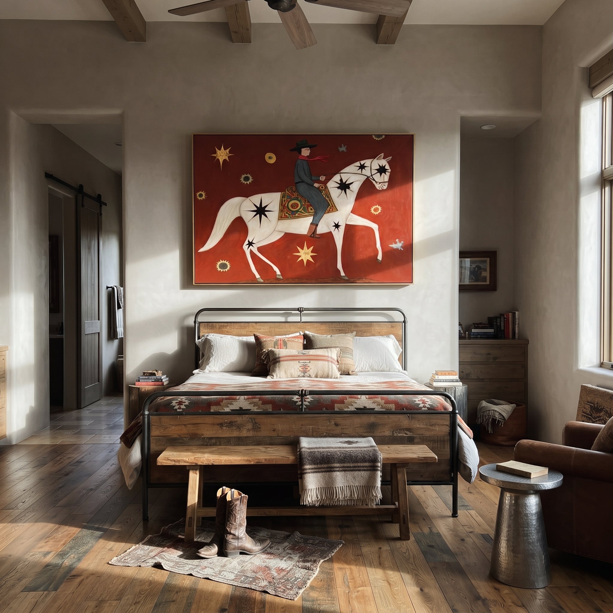 Star Horse Crosses Crimson - celestial white horse painting by Isabelle Laurent, modern Western horizontal wall art – styled room scene view 4