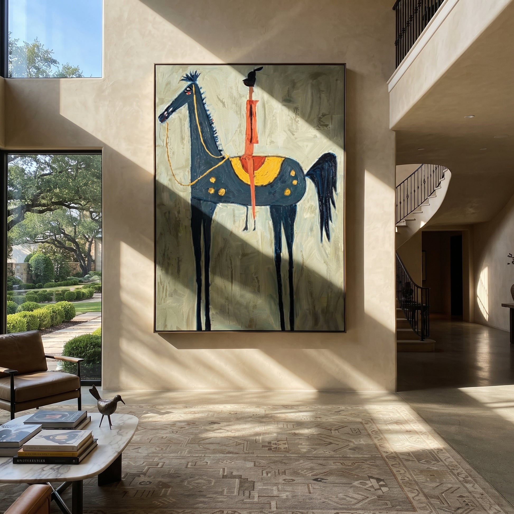 Red Acrobat Touches Sky - horse acrobat folk painting by Isabelle Laurent, modern Western vertical wall art – styled room scene view 1