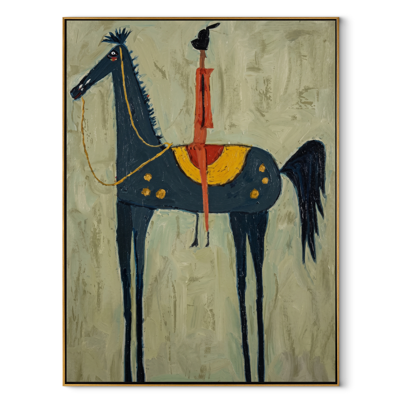 Red Acrobat Touches Sky - horse acrobat folk painting by Isabelle Laurent, modern Western vertical wall art – wood frame on white background