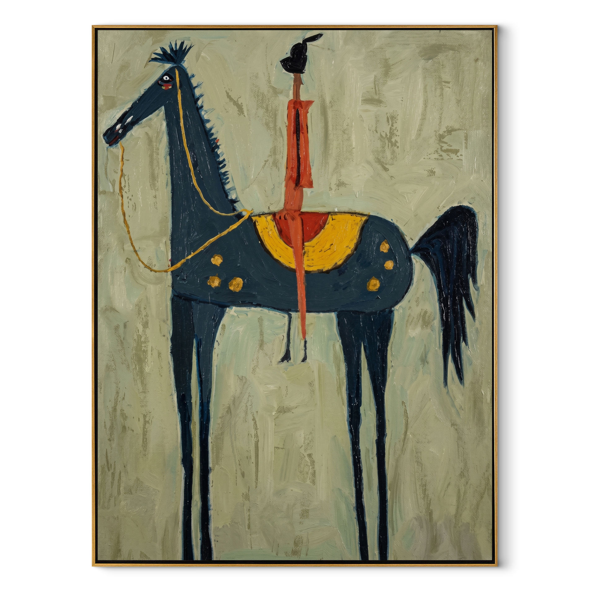 Red Acrobat Touches Sky - horse acrobat folk painting by Isabelle Laurent, modern Western vertical wall art – wood frame on white background