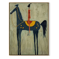 Red Acrobat Touches Sky - horse acrobat folk painting by Isabelle Laurent, modern Western vertical wall art – wood frame on white background