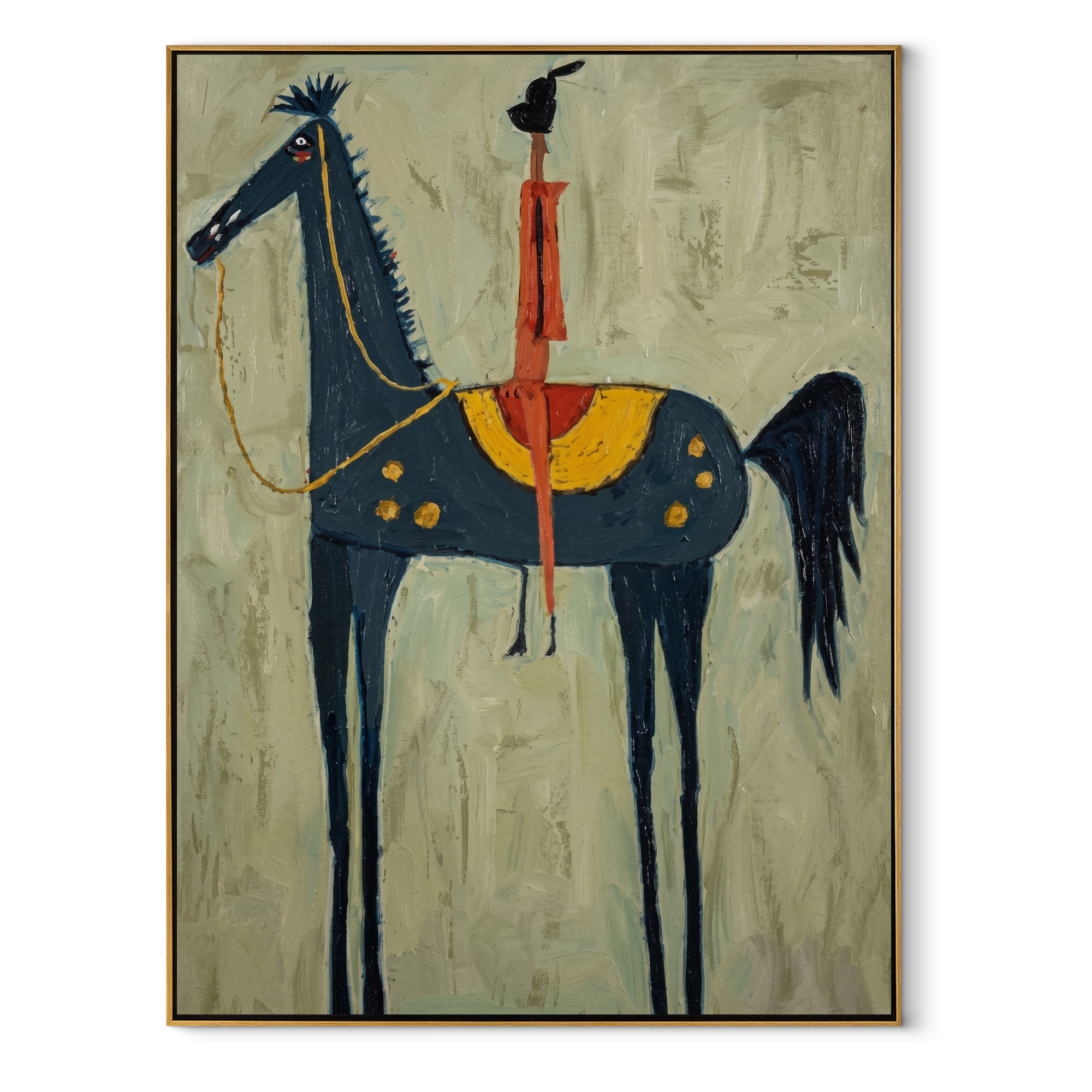 Red Acrobat Touches Sky - horse acrobat folk painting by Isabelle Laurent, modern Western vertical wall art – wood frame on white background