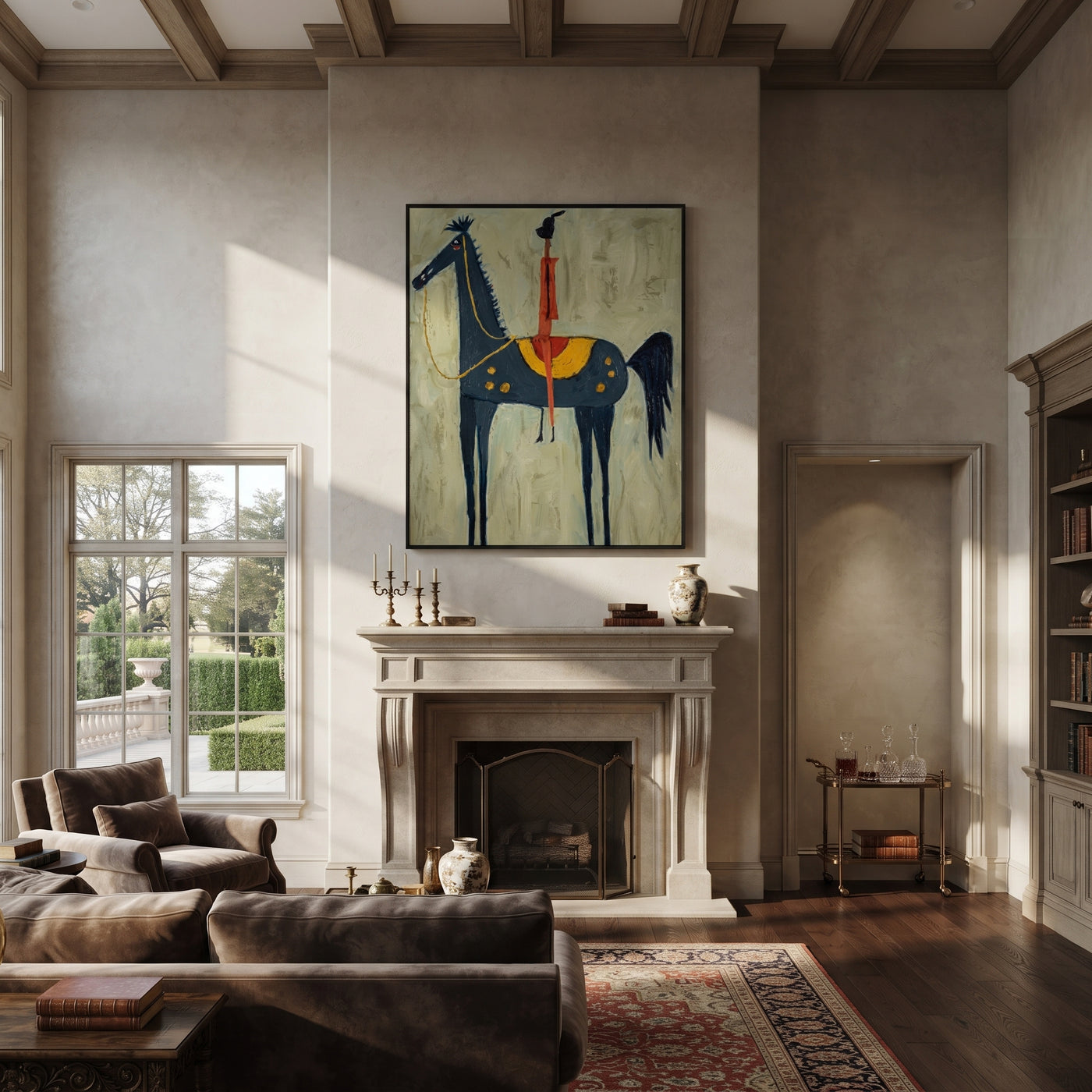 Red Acrobat Touches Sky - horse acrobat folk painting by Isabelle Laurent, modern Western vertical wall art – styled room scene view 2