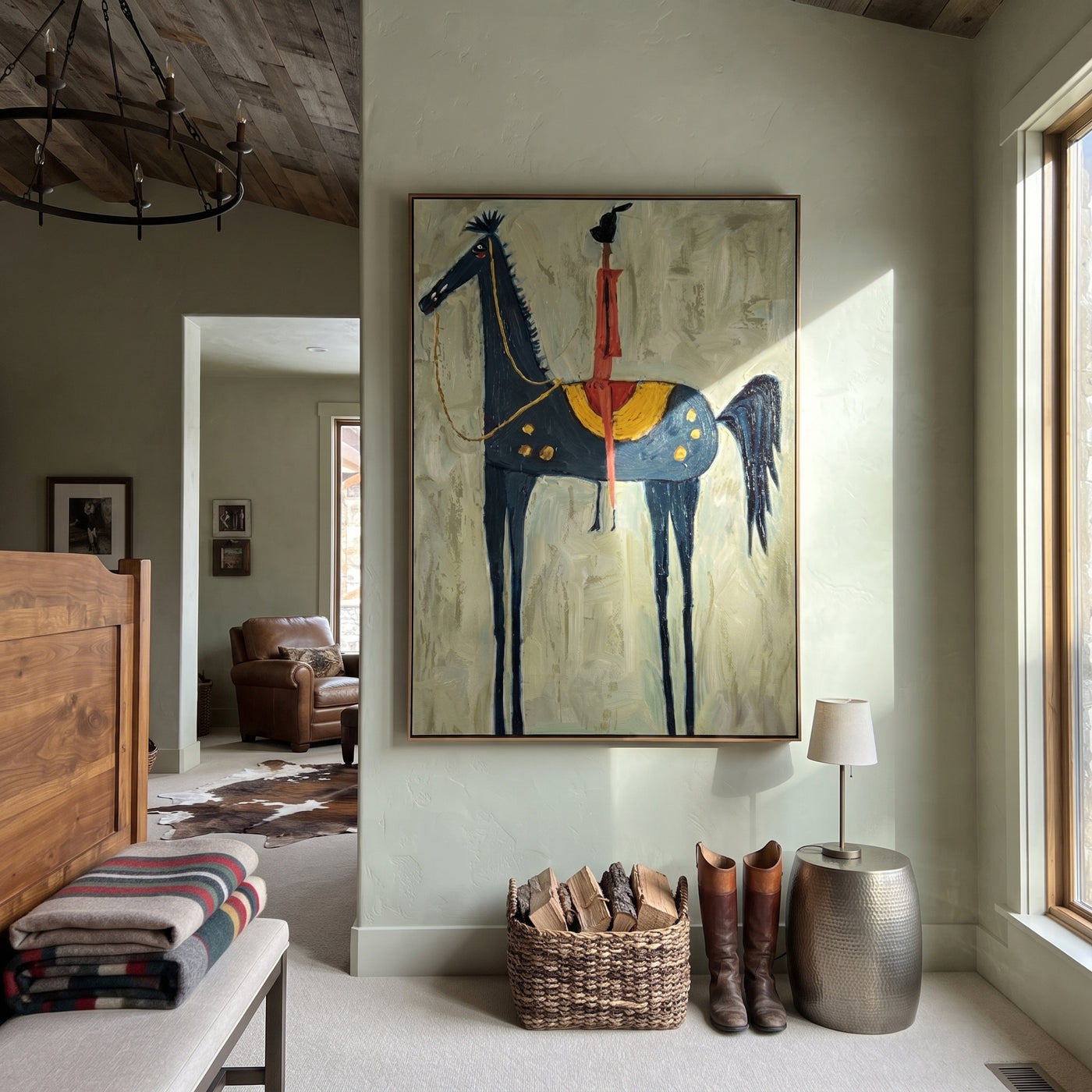 Red Acrobat Touches Sky - horse acrobat folk painting by Isabelle Laurent, modern Western vertical wall art – styled room scene view 3