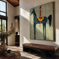 Red Acrobat Touches Sky - horse acrobat folk painting by Isabelle Laurent, modern Western vertical wall art – styled room scene view 4