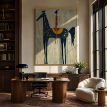 Red Acrobat Touches Sky - horse acrobat folk painting by Isabelle Laurent, modern Western vertical wall art – styled room scene view 5