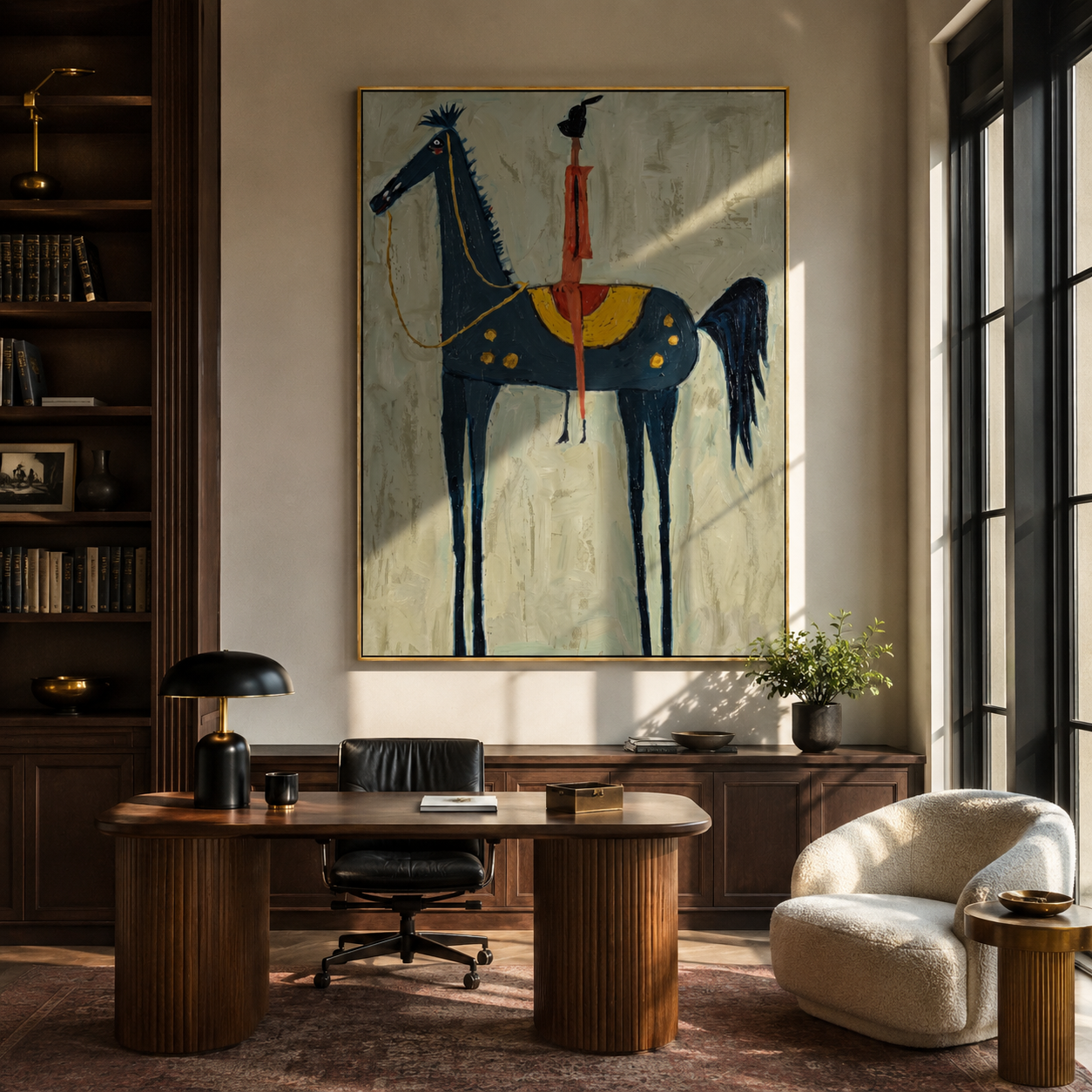 Red Acrobat Touches Sky - horse acrobat folk painting by Isabelle Laurent, modern Western vertical wall art – styled room scene view 5