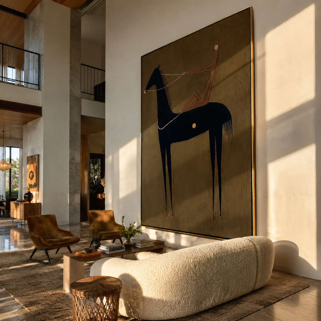 Pale Line Tethers Midnight - abstract black horse painting by Isabelle Laurent, modern Western vertical wall art – styled room scene view 1