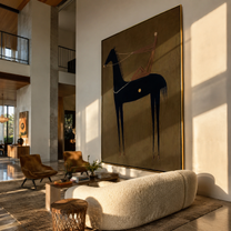 Pale Line Tethers Midnight - abstract black horse painting by Isabelle Laurent, modern Western vertical wall art – styled room scene view 1