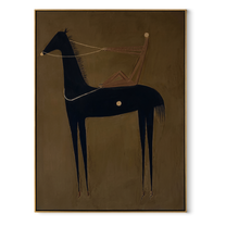 Pale Line Tethers Midnight - abstract black horse painting by Isabelle Laurent, modern Western vertical wall art – wood frame on white background