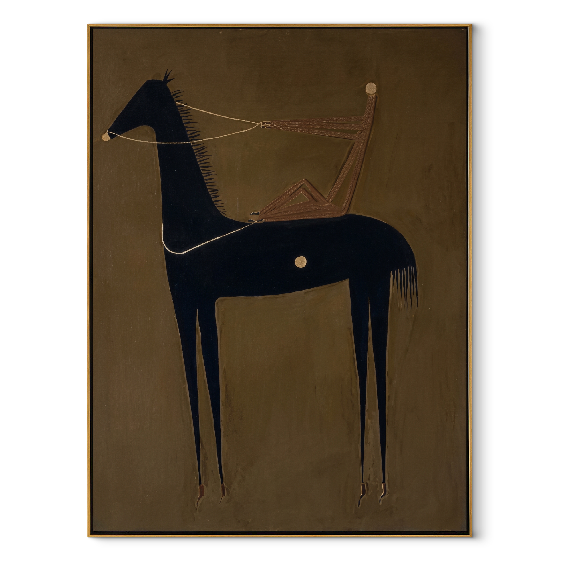 Pale Line Tethers Midnight - abstract black horse painting by Isabelle Laurent, modern Western vertical wall art – wood frame on white background