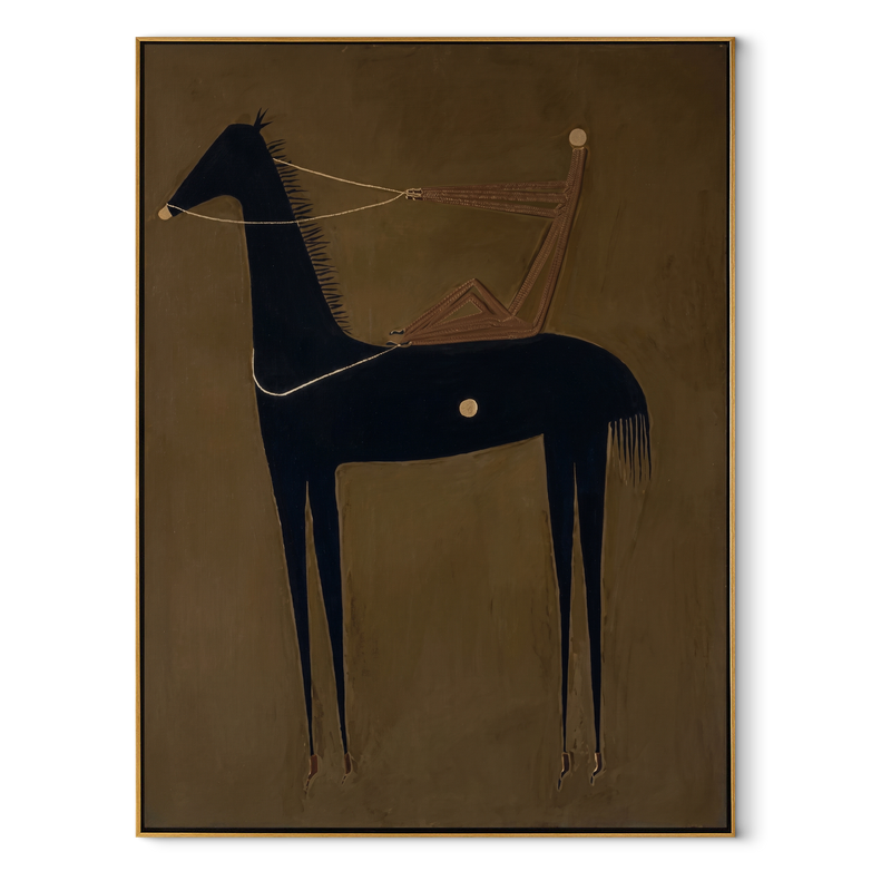 Pale Line Tethers Midnight - Abstract Black Horse Painting | Modern Western Vertical Wall Art