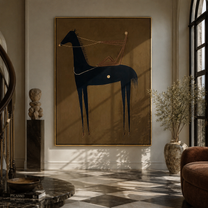 Pale Line Tethers Midnight - abstract black horse painting by Isabelle Laurent, modern Western vertical wall art – styled room scene view 4