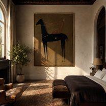 Pale Line Tethers Midnight - abstract black horse painting by Isabelle Laurent, modern Western vertical wall art – styled room scene view 5