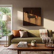 Black Horse Holds Distance - black horse companion painting by Isabelle Laurent, modern Western square wall art – styled room scene view 1