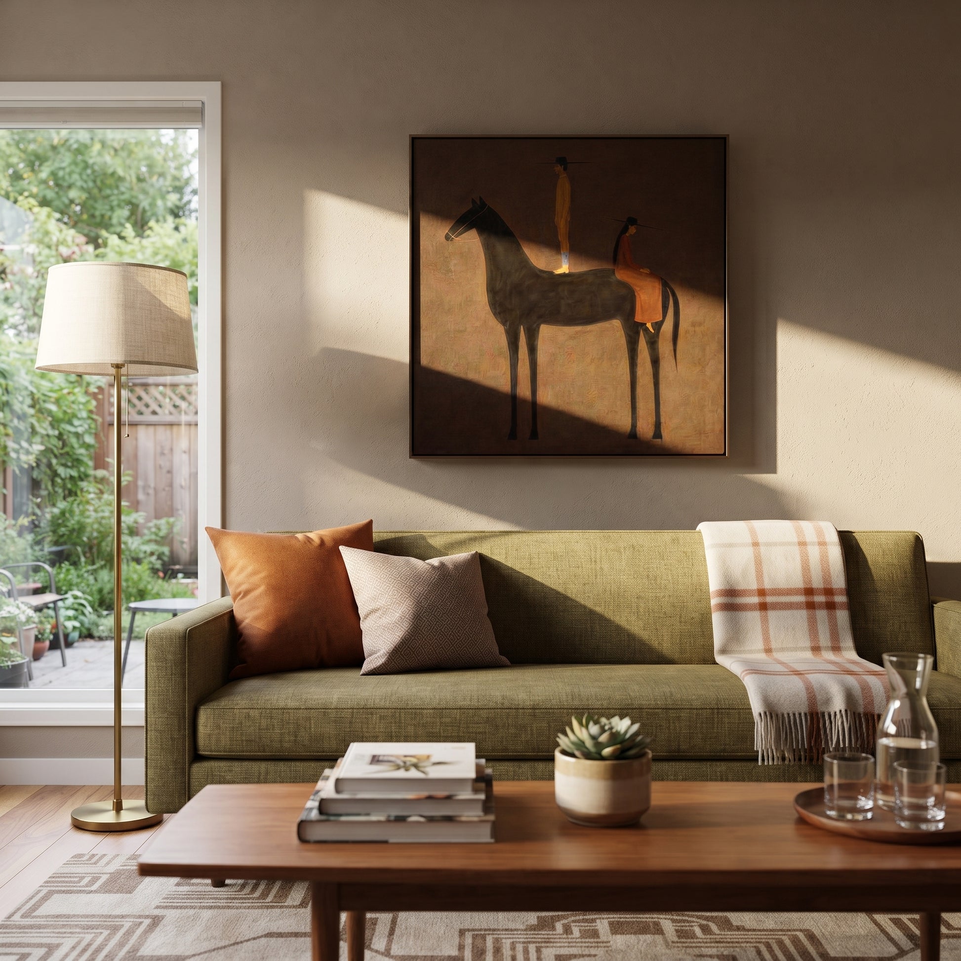 Black Horse Holds Distance - black horse companion painting by Isabelle Laurent, modern Western square wall art – styled room scene view 1