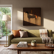 Black Horse Holds Distance - black horse companion painting by Isabelle Laurent, modern Western square wall art – styled room scene view 1