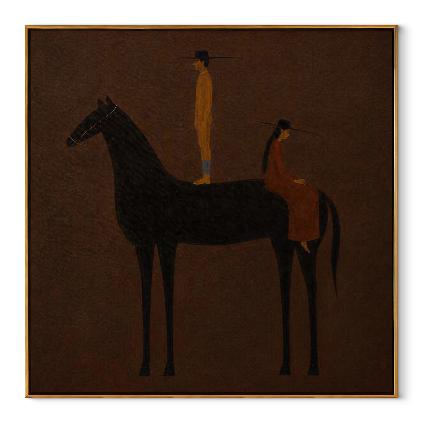 Black Horse Holds Distance - black horse companion painting by Isabelle Laurent, modern Western square wall art – wood frame on white background